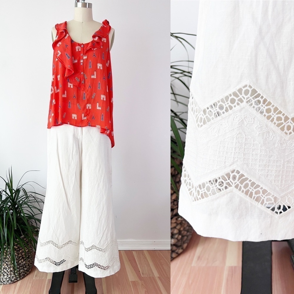 HOLD / Elevenses Wide Leg Pants White Linen Blend Eyelet Lace Hem 8